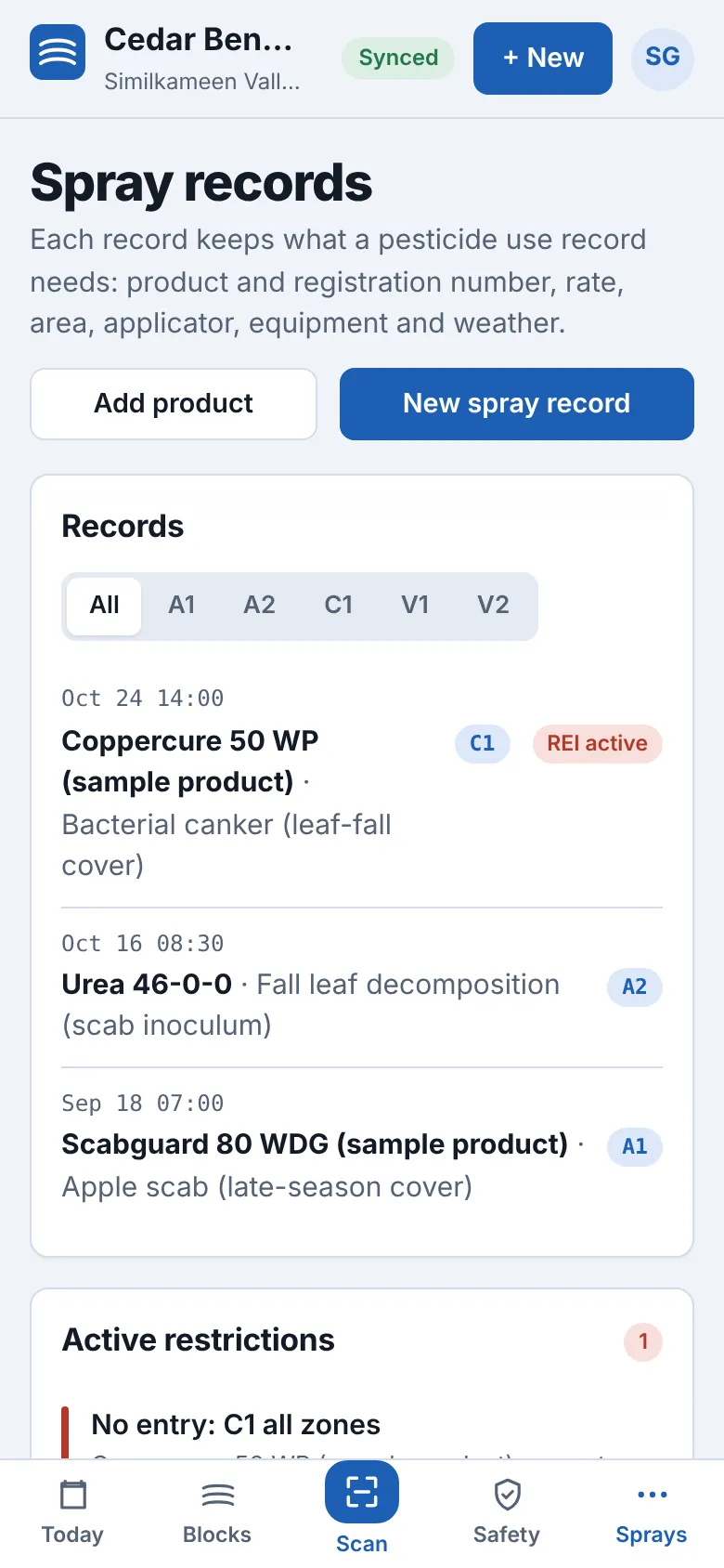 Rowbook spray records: each record lists the product, PCP registration, blocks sprayed and whether a re-entry interval is active.